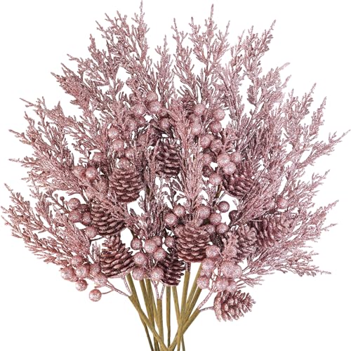 Winlyn 12 Pcs Christmas Artificial Pine Branches Rose Gold Glitter Pine Needles with Pinecone and Berries Christmas Floral Picks 14.2' for Rose Gold Christmas Tree Wreath Garland Holiday Arrangement