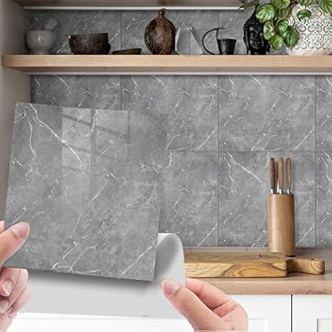 Fantasnight Tile Stickers Marble Grey Self Adhesive Glossy 30cm x 30cm 10Pcs PET Thicker Backsplash Peel and Stick Tile Sticker for Home Kitchen Bathroom Wall Decor Accessory Cover