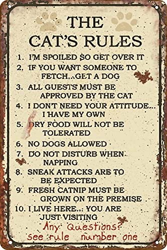 FJQWKLF The Cat'S Rules Retro Metal Tin Sign Vintage Aluminum Sign For Farm Posters Room Decor Home Bathroom Farmhouse Garden Courtyard Wall Decor Printing Plaque Gift 8x12 Inches