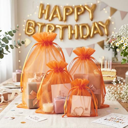 Image of FUNFERY 100Pcs Orange Organza Bags 3x4 in,Small Mesh Drawstring Gift Bag | Little Jewelry Bags for Wedding Party Favors, Mini Drawstring Pouch for Sachet, Candy, Goodie, Treat Bag for Easter Day