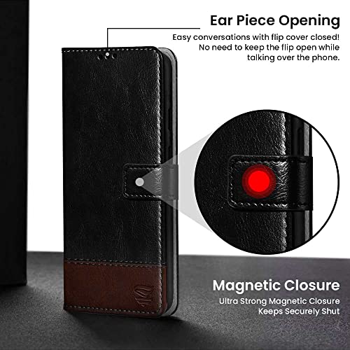 Image of FLIPPED Vegan Leather Flip Case Back Cover for Google Pixel 6A (Flexible, Shock Proof | Hand Stitched Leather Finish | Card Pockets Wallet & Stand | Black with Brown)