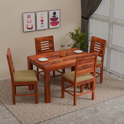 Image of 45 Inch Length Solid Sheesham Wood 4 Seater Dining Table Set | Four Seater Dinner Table with 4 Cushions Chairs | Dinning Table Set 4 Seater for Living Room | Table & Chair Set | Honey Finish
