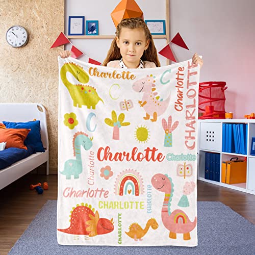Image of Personalized Dinosaur Blanket with Name for Girl Custom Blanket for Kids