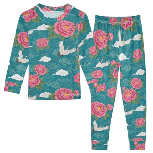Pajama Sets Long Sleeve Pink Floral White Crane Soft Comfy Sleepwear 2 Piece PJS 3-8T