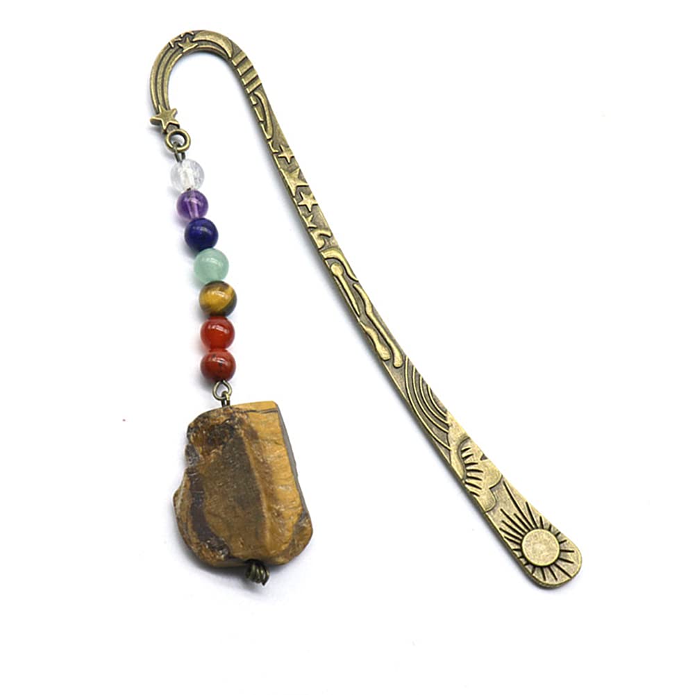 Crystal TOME Exquisite Vintage Metal Bookmark Star Sun Moon Bookmarks with 7 Chakra Crystals Healing Stone Clear Quartz Amethyst Agate Lapis Beaded and Natural Raw Stone Tiger Eye Pendant (Tiger Eye)
