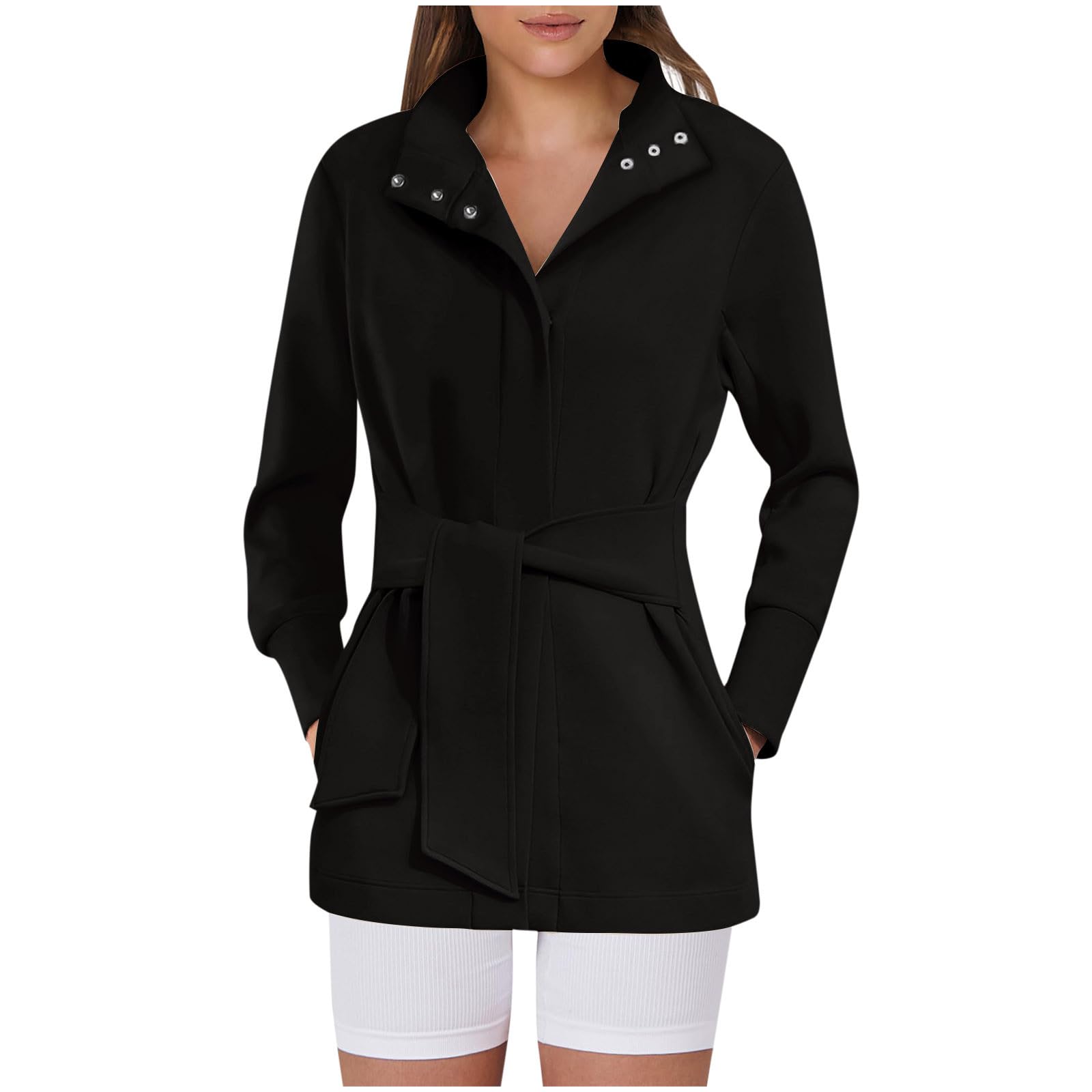 Womens Trench Coat Mid Long Elegant Outerwear Coats Classic Trendy Overcoats Lapel Winter Solid Jackets with Belt