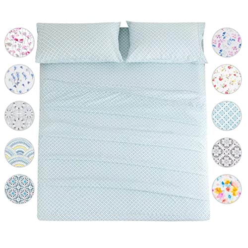 Full Sheet Set 4Pc Printed Greenish Blue Floral Pattern Double Bed Luxury Cooling Soft 100% Microfiber Brushed Sheets With 17” Deep Pocket, Easy Care, Breathable, Wrinkle Free, Machine Washable #TOP6
