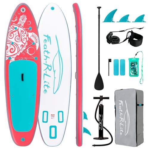 FEATH-R-LITE Aufblasbares Stand Up Paddle Board Surfbrett SUP Komplettes Paddleboard Zubehör Verstellbares Paddel, Pumpe, ISUP Reiserucksack, Leine, wasserdichte Tasche, Erwachsene Paddelboard