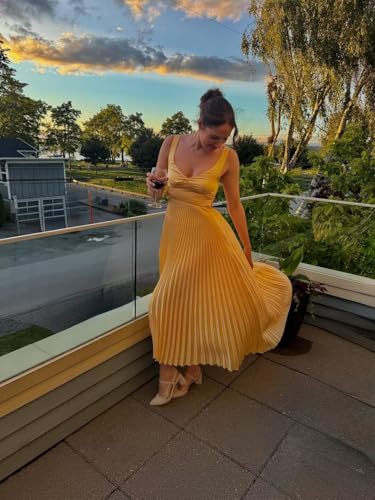 Pleated Satin Bridesmaid Dresses V Neck Cocktail Dress for Women A Line Maxi Formal Evening Gown WN0484