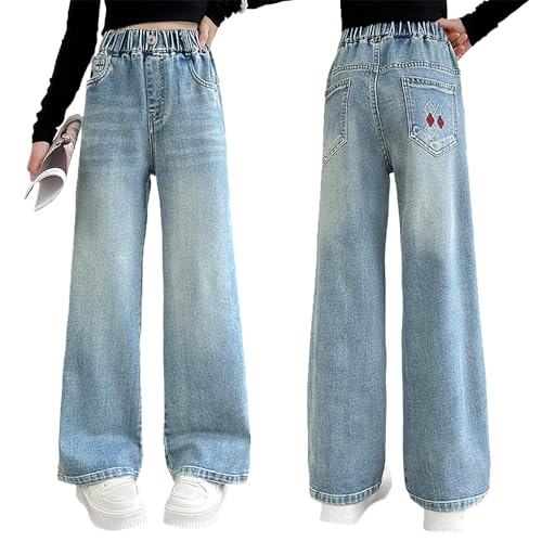 Tween Girls' Baggy Jeans with Embroidered Back Pocket Elastic Waist Loose Trousers Wide Leg Denim Pants