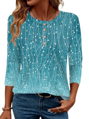 LOMON 3/4 Sleeve Tunic for Women Crew Neck Business Casual Blouses Basic Button Tops Trendy 2026(Blue Leaf Print XXXL)