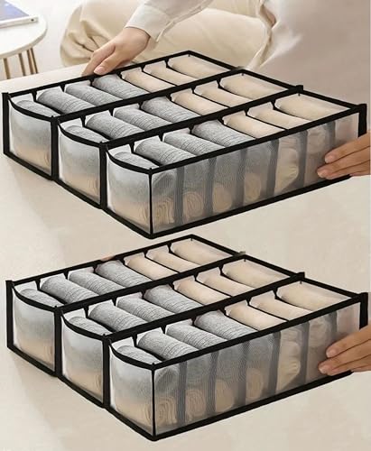 Image of atorakushon Mesh Drawer Organizers (Pack of 6)- 7 Grids Brown Multi-purpose Closet Storage Dividers | Stackable Wardrobe Organizers for Socks, Innerwear, Ties, & Stationary | Storage Box