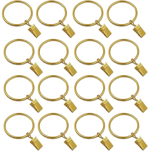 Image of 16 Pack Curtain Rings with Clips, Window Clip Rings Curtain Hooks Hangers Clip Rings for Hanging Drapery Drapes Bows, Small 1.26 Inch Diameter, Fits up to 1" Rod, Gold