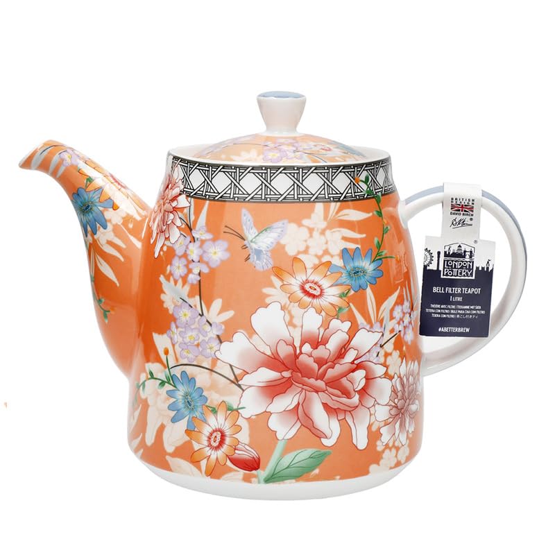 London Pottery Klasyczny ceramiczny czajniczek z dzwonkiem, 1 l, koralowy kwiatowy, vintage kwiaty i wzory motyla, zaparzacz do herbaty ze stali nierdzewnej, dzbanek do herbaty w stylu angielskim na