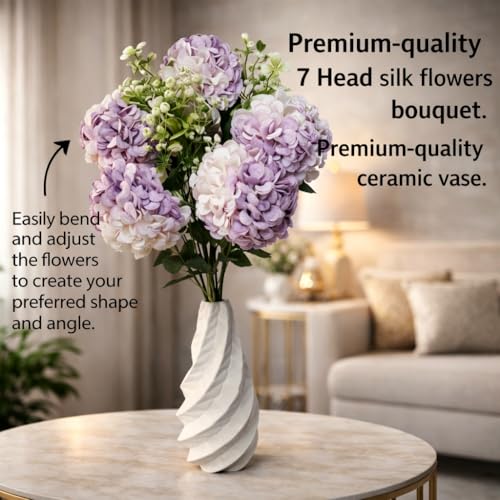Image of Premium Combo Artificial Hydrangea Flower Bouquet with Designer Ceramic Vase | 7 Heads Snowflake Fabric Real Touch Flowers | Luxury Home Decor for Living Room(ND-14)