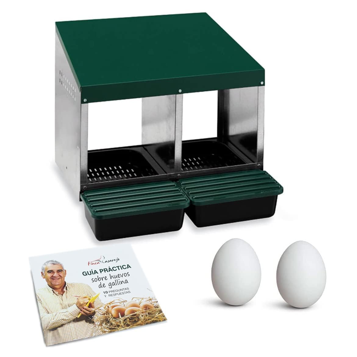FINCA CASAREJO Nido per galline con 2 scomparti + 2 uova finte | Nido con diverse cassette di incubazione per 8-10 galline | Include una guida pratica per le uova di gallina