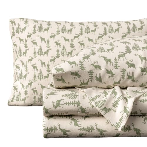 Image of Great Bay Home Flannel Sheet Set Queen Size - 100% Turkish Cotton, Double-Brushed, Printed Bed Sheets - Ultra-Soft, Cozy, 4-Piece Bedding Set (Deer Green)