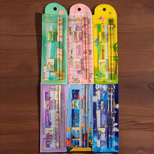 Image of Birthday Popper 4-in-1 Cartoon Stationery Kit for Kids - Type 3 | Pack of 6 School Use Sets | Writing & Drawing Essentials | Ideal Birthday Return Gift for Boys & Girls (3+)