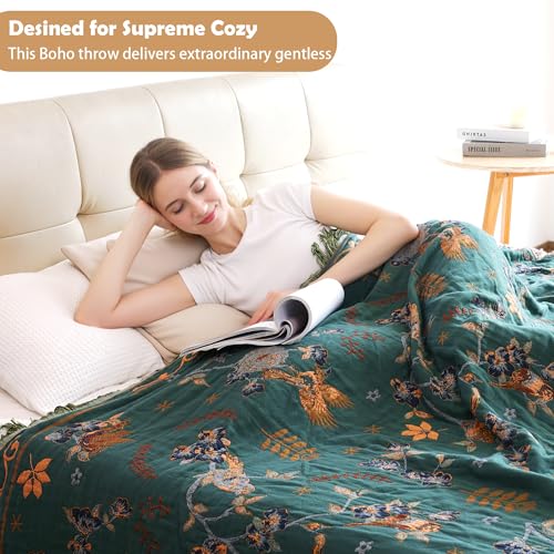 Image of VANJOROY Boho 100% Cotton Large Throw Blanket - All Season Rustic Ultra Soft Breathable Floral Bird Blanket for Bed Sofa Couch Chair Bedspread Quilt Gift, 80 inch x 90 inch-Teal /Beige