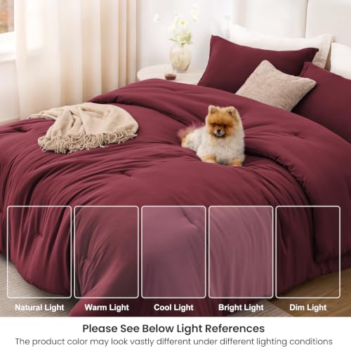 Image of Love's cabin Burgundy King Size Comforter Set, 3-Piece Prewashed Bed Set with 1 Comforter (104 x 90 in) & 2 Pillowcases, Lightweight & Breathable for All Seasons
