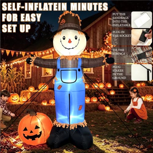 Image of 8 FT Fall Inflatables Scarecrow Decorations, Scarecrow with Pumpkin Inflatable Yard Decor Built-in LEDs,Scarecrow Blow Up Yard Decorations for Halloween Thanksgiving Fall Autumn Harvest Lawn Garden