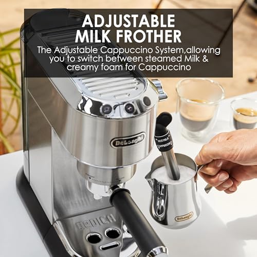 Image of De'Longhi Dedica Style Espresso Machine with Milk Frother, 15-Bar Pressure, Original Italian Barista Style Coffee Maker for Home, Make Espresso, Latte, Cappuccino & Iced Coffee, Metal Finish, EC685.M