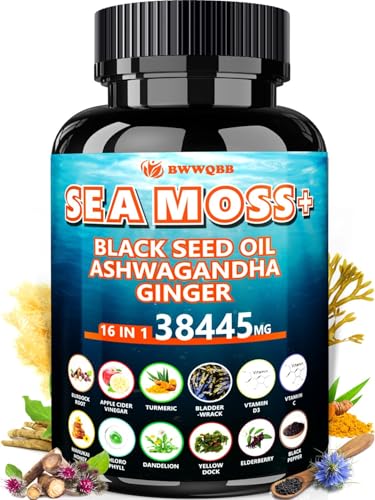 Ashwagandha Sea Moss Capsules with Black Seed Oil, Ginger & Turmeric – 16 in 1 Herbal Complex with Irish Sea Moss, Apple Cider Vinegar, Burdock, Bladderwrack, Vitamin C & D3 – 120 Capsules