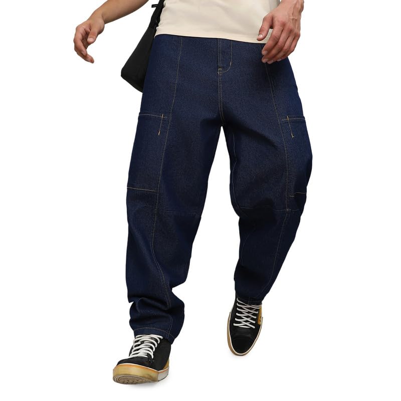Image of CAHOOT Men's Cargo Denim Jeans for Everyday Wear | Dark-Wash | Button Closure |Regular Fit | Oversized Fit | Denim Jeans Crafted with Comfort Fit for Everyday Wear