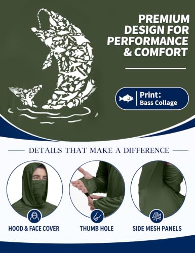 Image of FISHEAL Men's UPF 50+ Sun Protection Fishing Hoodie, Long Sleeve UV Shirts with Mask, Quick Dry Hooded for Outdoor Beach