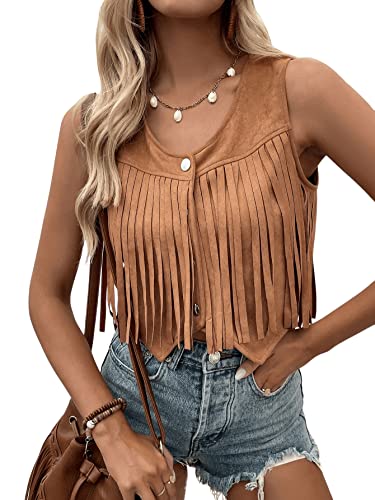 SweatyRocks Women's Suede Fringe Trim Sleeveless Crop Vest Jacket Button Front Coat3