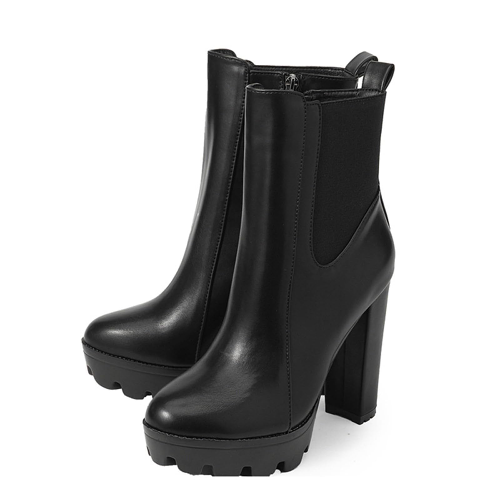Womens Black Platform Chunky High Heel Combat Ankle Booties with Stretch Band Fashion Side Zipper Round Toe Slip-On
