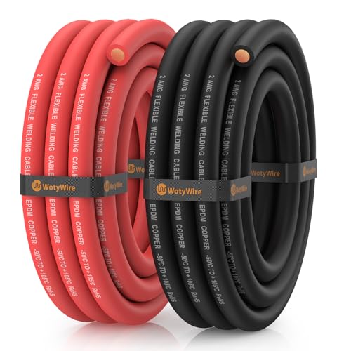WotyWire 2 Gauge Wire Battery Cable 2 AWG EPDM Welding Cable with Oxygen-Free Copper High Conductivity/Flexible for Solar Battery Inverter Automotive Marine RV (10 ft Red + 10 ft Black)