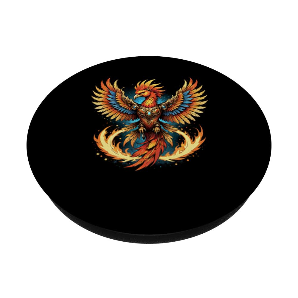 Illustrated Vintage Steampunk Flaming Phoenix Rising PopSockets Swappable PopGrip, Black - Image 2