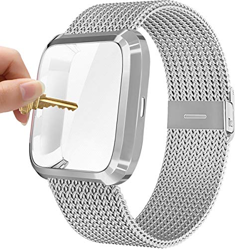 Maxjoy Compatible with Fitbit Versa Bands, Versa 2 Stainless Steel Metal Band Magnetic Mesh Replacement Bracelet Magnet Wristband with Protective Case Compatible with Fitbit Versa 2 1 Watch, Silver
