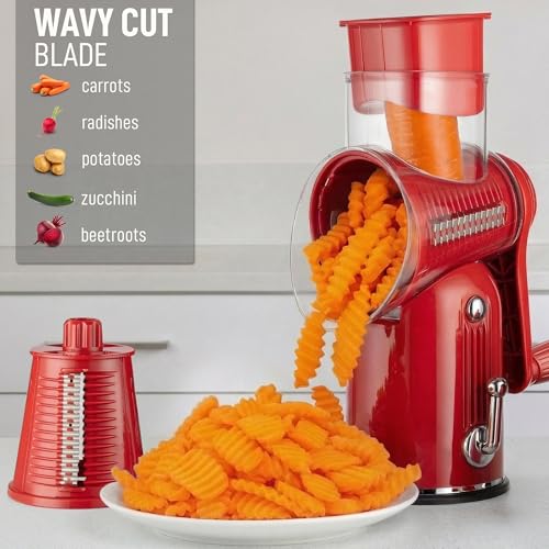 Image of Zulay Kitchen Rotary Cheese Grater 5 Blade Cheese Shredder - Manual Hand Crank Cheese Grater With Reinforced Suction & 5 Interchangeable Drums - Easy to Use, Vegetable Chopper Round Mandoline Slicer
