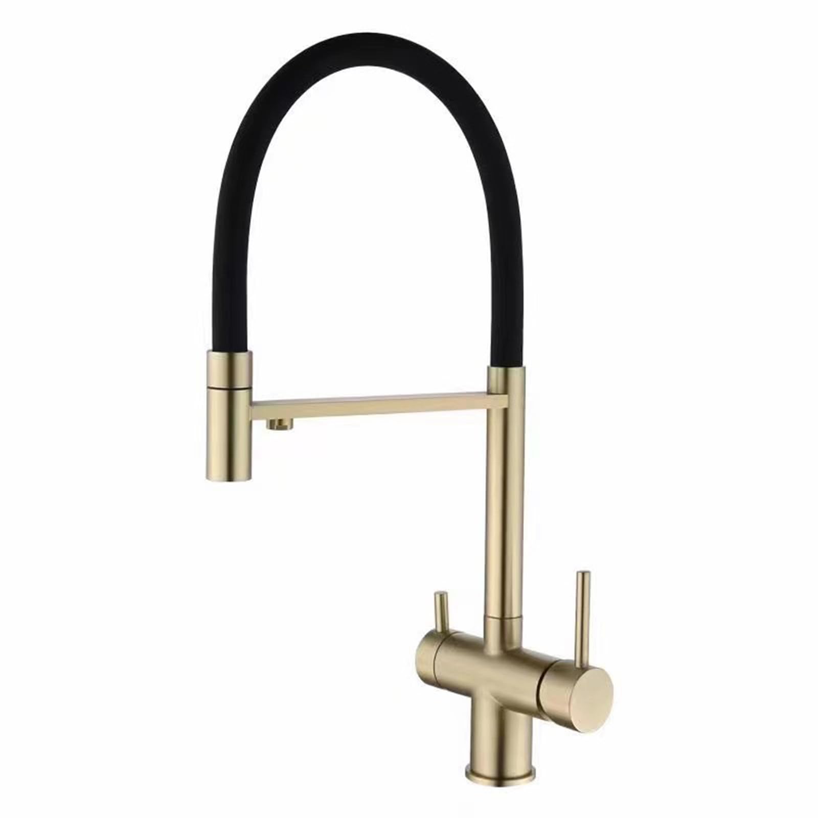 FCXWEVR Brushed Gold 3-Way Kitchen Faucet with Pull-Down Sprayer Dual Handle Water Filtration Compatible Versatile Osmosis System Modern Design for Easy Use