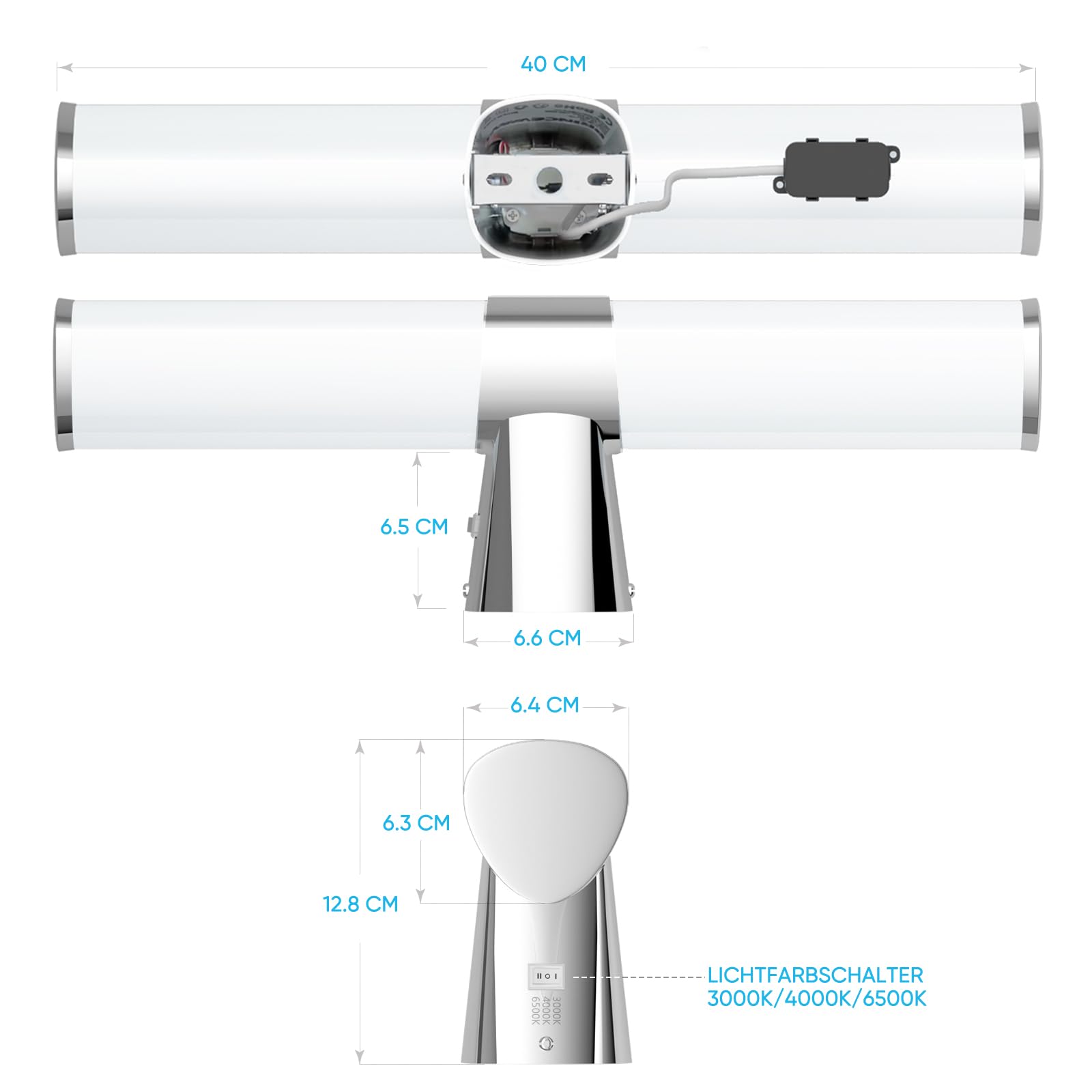 LED Spiegelleuchte Badezimmer, 8W 800Lm Wandlampe Innen über Spiegel Bad Spiegelschrank, 40CM Breit Spiegellampe, 230V, 3 Lichtfarben Modi, Nicht Dimmbar, Silber Chrom, Kein Schalter