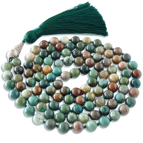 Mala Beads 108 Handmade Necklace,Natural Indian Agate Turquoise Amethyst with Alloy Guru Bead and Tassel,43.2 Inches for Prayer,Meditation,Yoga