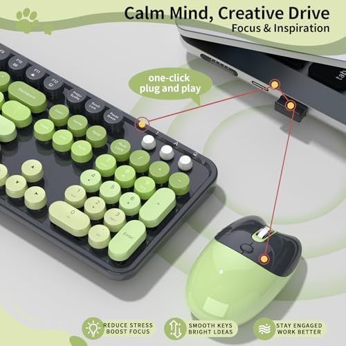 Image of Wireless Keyboard and Mouse, MOFII 104 Round Keycaps Retro Typewriter with OTG & Brush, Full-Size Ergonomic, Ideal for Windows PC, Home, Office and College Gray Green