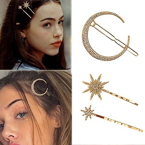 3 Pcs Stars Moon Hair Clips Metal Rhinestone Hair Pin For Wedding Bridal Shower Hair Accessories For Women Ladies Thick Hairstyle Dainty Accessories Headwear(Star And Moon) #TOP4
