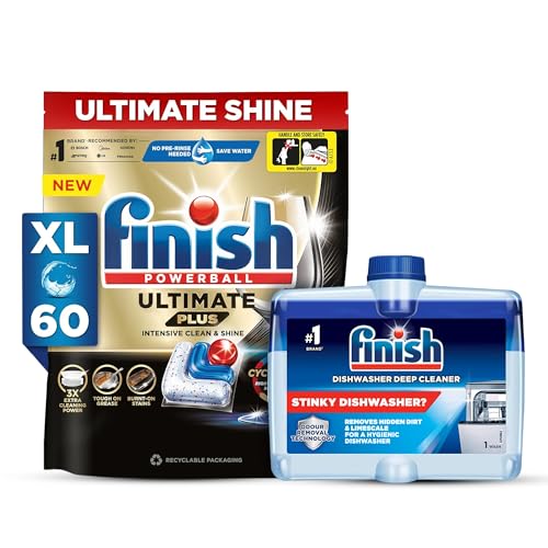 Image of Finish 60 Tablets Powerball Ultimate Plus Dishwasher Tablets with Dishwasher Deep Cleaner Liquid, 250 ml
