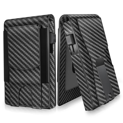 GIGIGO Wallet for Men, Mens Minimalist Wallet 9-12 Cards, Slim Compact Wallet with Money Clip & ID Window, RFID Blocking Smart Pop Up Card Wallet, Great Gifts（Carbon Fiber Black）