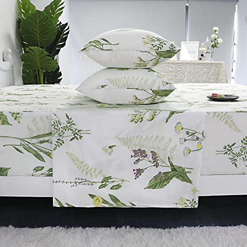 Fadfay Green Floral Sheet Set Queen Premium 100% Cotton Botanical Sheets Lavender And Daisy Flower White Floral Bedding Pastoral Style Leaf Pattern Super Soft Deep Pocket Fitted Sheet 4-Pieces #TOP1