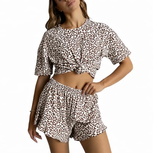 Image of Pajama Set for Women Short Sleeve Tops and Ruffle Shorts Leopard Print Sleepwear Soft Lounge Set 2 Piece Pj Sets