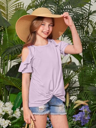Image of BesserBay Girls Cold Shoulder Tops Twist Front Tunic Ruffle Sleeve Summer Blouses 5-14 Years