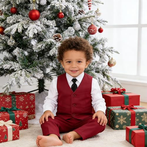 Image of Baby Boy Formal Suit for Toddler Infant Tuxedo Dress Suits | Little Gentleman, Wedding Ring Bearer Outfit, Vest Pants Long-Sleeve Shirt Tie, Birthday Party Christmas Prom, Classic