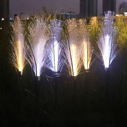MEMEOKON LED Fiber Optic Reeds Garden Lights, 12V Outdoor Lawn Stake Lights, White with Warm Lights, Set of 6