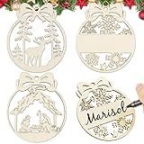 30pz Palline di Natale Legno Ciondoli Albero di Natale Pendente con Corda di Canapa Fai da Te Decorazione Addobbi Legno Natalizi Regalo da Appendere per Casa