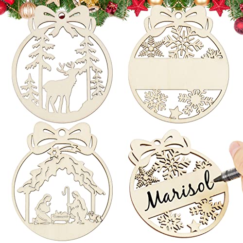 30pz Palline di Natale Legno Ciondoli Albero di Natale Pendente con Corda di Canapa Fai da Te Decorazione Addobbi Legno Natalizi Regalo da Appendere per Casa