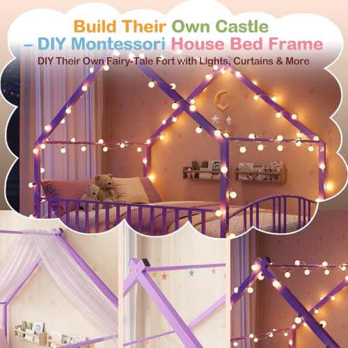 Image of Garvee Full Size Montessori Metal House Floor Bed Frame with Rail, Purple